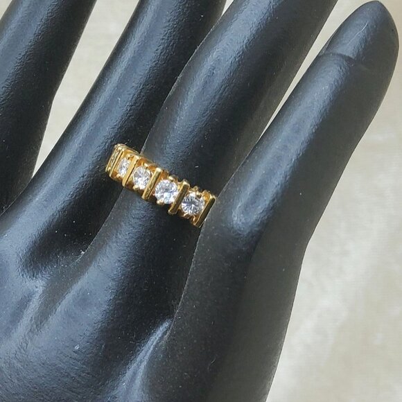 Vintage Gold-Tone Band Ring With Clear Cubic Zirconia Stamped S - Picture 1 of 4